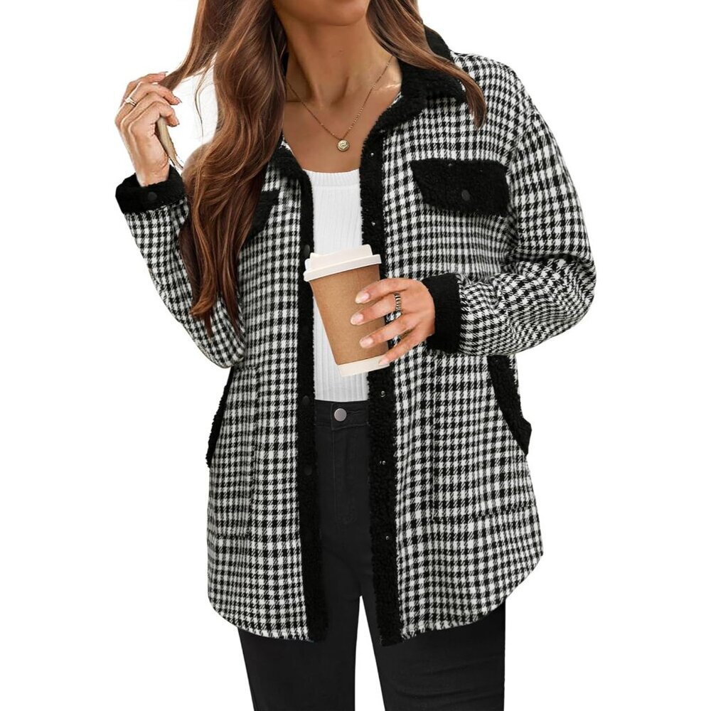 Womens Flannel Jacket Sherpa Trim Plaid Fleece Shacket Winter Coat S-XXL